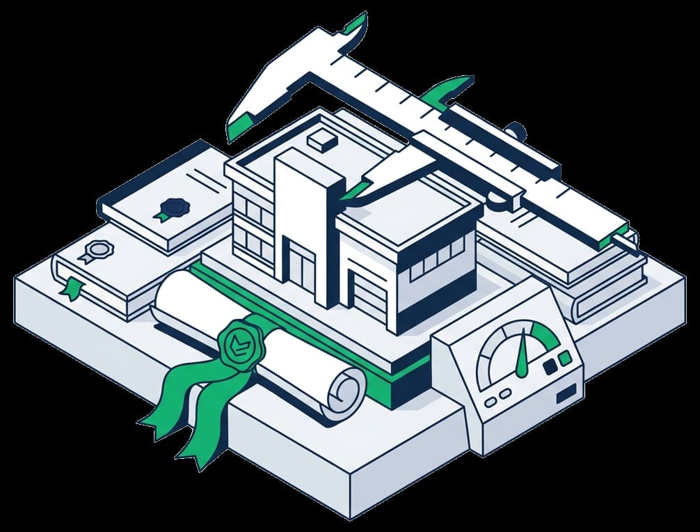Ilustración isométrica: edificio comercial medido por un calibrador, con certificado sellado y panel indicador