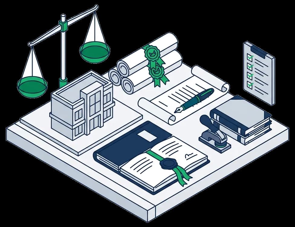 Ilustración isométrica: balanza sobre un edificio comercial, certificados de acciones y panel de cumplimiento